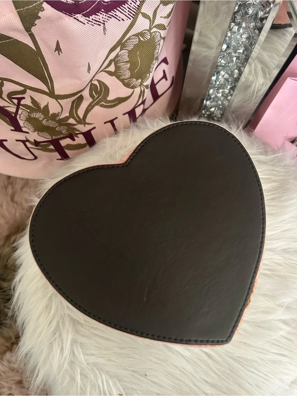 Rare Vintage Juicy Couture Pink Velour Heart Shaped Tiered Swivel Jewelry Box